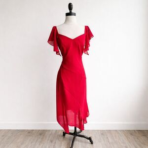 Vintage Y2K Dress Size 8 Medium Red Chiffon Midi Formal Flutter Sleeve Carlisle
